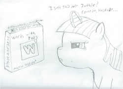 Size: 2157x1565 | Tagged: safe, artist:2shyshy, derpibooru import, twilight sparkle, 30 minute art challenge, monochrome, scrabble, traditional art, words with friends