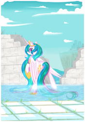 Size: 4260x6100 | Tagged: safe, artist:xwhitedreamsx, princess celestia, alicorn, pony, absurd resolution, long mane, looking at you, looking back, messy mane, raised hoof, ruins, solo, water, wet mane