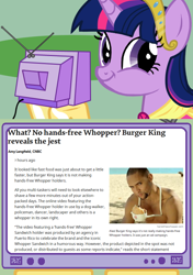 Size: 564x800 | Tagged: safe, derpibooru import, twilight sparkle, twilight sparkle (alicorn), alicorn, pony, burger king, exploitable meme, female, mare, meme, tv meme, twiface