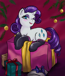 Size: 601x700 | Tagged: safe, artist:veritasket, rarity, pony, unicorn, clothes, present, socks, solo