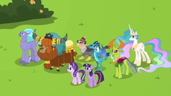 Size: 1280x720 | Tagged: safe, screencap, grampa gruff, prince rutherford, princess celestia, princess ember, seaspray, starlight glimmer, thorax, twilight sparkle, twilight sparkle (alicorn), alicorn, changedling, changeling, classical hippogriff, dragon, griffon, hippogriff, pony, unicorn, yak, school daze, blind eye, bush, changeling king, cloven hooves, crown, dragoness, ear piercing, earring, ethereal mane, eye scar, female, fez, hat, horn ring, jewelry, king thorax, looking up, male, mare, meadow, necklace, piercing, regalia, scar, smiling