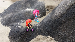 Size: 2064x1161 | Tagged: safe, artist:nightfly19, pinkie pie, sunset shimmer, equestria girls, beach, doll, equestria girls minis, eqventures of the minis, irl, photo, stick, toy