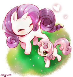 Size: 1275x1336 | Tagged: safe, artist:born-to-die, rarity, sweetie belle, butterfly, pony, unicorn, cute, diasweetes, duo, eyes closed, female, filly, heart, heart eyes, mare, open mouth, raribetes, siblings, signature, sisters, wingding eyes