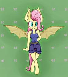 Size: 1076x1210 | Tagged: safe, artist:heir-of-rick, fluttershy, anthro, bat pony, unguligrade anthro, bats!, clothes, flutterbat, hooves, impossibly large ears, race swap, shorts, solo, spread wings