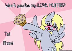 Size: 1000x714 | Tagged: safe, artist:outofworkderpy, derpy hooves, pegasus, pony, abstract background, bipedal, blushing, cute, derpabetes, eyes closed, female, heart, mare, muffin, open mouth, outofworkderpy, smiling, solo, spread wings, valentine, valentine's day, valentine's day card