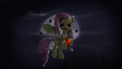 Size: 1024x576 | Tagged: safe, artist:0gamex0, fluttershy, bat pony, pony, bats!, 3d, apple, backlighting, flutterbat, flying, moon, night, race swap, solo, source filmmaker