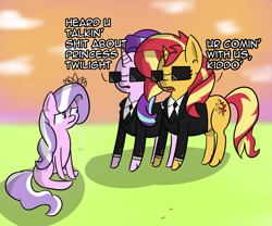 Size: 2653x2204 | Tagged: safe, artist:artiks, diamond tiara, starlight glimmer, sunset shimmer, earth pony, pony, unicorn, clothes, dialogue, female, mare in black, secret agent, smoking, suit, sunglasses