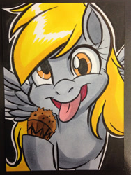 Size: 1024x1365 | Tagged: safe, artist:joshuadraws, derpy hooves, pegasus, pony, female, looking at you, mare, muffin, solo, tongue out, traditional art