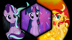 Size: 719x404 | Tagged: safe, edit, screencap, starlight glimmer, sunset shimmer, twilight sparkle, pony, unicorn, cutie mark, female, fiery shimmer, glow, hexagon, looking at you, magical trio, sitting, sts trinity, trio, trio female, wallpaper