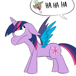 Size: 700x700 | Tagged: safe, artist:karpet-shark, derpibooru import, discord, twilight sparkle, twilight sparkle (alicorn), alicorn, pony, female, laughing, mare, speech bubble, transformation, twily-daily, wings