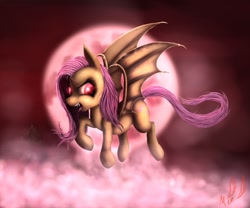 Size: 1200x1000 | Tagged: safe, artist:miokomata, fluttershy, bat pony, pony, bats!, cloud, cloudy, flutterbat, flying, moon, night, race swap, solo