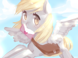 Size: 1280x960 | Tagged: safe, artist:marinakirby, derpy hooves, pegasus, pony, cute, derpabetes, female, flying, letter, looking at you, mail, mailbag, mailmare, mare, mouth hold, solo, spread wings