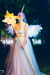 Size: 464x696 | Tagged: safe, artist:kittenclaw, princess celestia, human, clothes, cosplay, dress, irl, irl human, photo, solo, staff, strapless