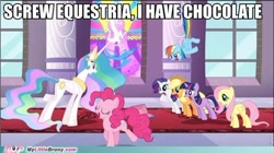 Size: 500x279 | Tagged: safe, derpibooru import, screencap, applejack, fluttershy, pinkie pie, princess celestia, rainbow dash, rarity, twilight sparkle, alicorn, earth pony, pegasus, pony, unicorn, image macro, mane six, meme