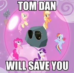 Size: 678x676 | Tagged: safe, derpibooru import, edit, edited screencap, screencap, applejack, fluttershy, pinkie pie, rainbow dash, rarity, tom, earth pony, pegasus, pony, unicorn, the return of harmony, glasses, image macro, meme