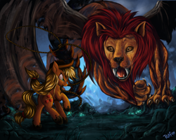 Size: 3000x2400 | Tagged: safe, artist:daffydream, applejack, manny roar, earth pony, manticore, pony, fight, monster