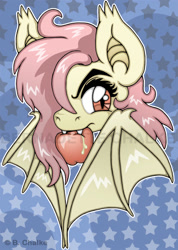 Size: 650x913 | Tagged: safe, artist:happykittyshop, fluttershy, bat pony, pony, bats!, apple, eating, flutterbat, mouth hold, race swap, solo, thick eyebrows