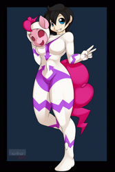 Size: 1280x1920 | Tagged: safe, artist:kloudmutt, fili-second, pinkie pie, human, breasts, female, humanized, mask, masking, pinkie pie suit, pinkie pies, pinkie suit, ponyrumi, power ponies, solo