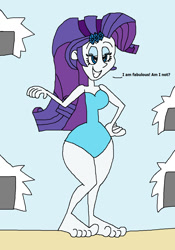 Size: 955x1361 | Tagged: safe, artist:hunterxcolleen, rarity, equestria girls, barefoot, beach, bikini, cameras, clothes, feet, humanized, one-piece swimsuit, pose, solo, swimsuit, talking, wide hips