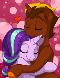 Size: 2550x3300 | Tagged: safe, artist:latecustomer, starlight glimmer, oc, pony, unicorn, canon x oc, commission, cuddling, eyebrows, eyes closed, heart, hug, shipping