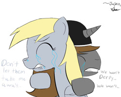 Size: 1000x800 | Tagged: safe, artist:nostalgiagamerjs, derpy hooves, oc, pegasus, pony, canon x oc, crying, derpygate, eyes closed, female, frown, gritted teeth, hug, lip bite, mare, sad, save derpy, slowpoke