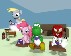 Size: 1380x1080 | Tagged: safe, artist:zefrenchm, derpy hooves, pinkie pie, pegasus, pony, 3d, cloud, controller, crossover, female, gamecube controller, gmod, knuckles the echidna, mare, nintendo, sega, sonic the hedgehog (series), super mario bros., yoshi