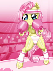 Size: 1023x1365 | Tagged: safe, artist:pugilismx, fluttershy, pegasus, pony, semi-anthro, bipedal, boxing, clothes, color, foxy boxing, headband, panties, pink underwear, solo, underwear