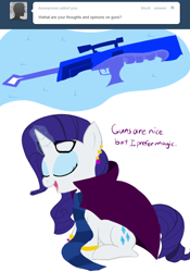 Size: 698x995 | Tagged: safe, artist:bambooharvester, rarity, ahab's crosshairs, ask, crossover, eridan ampora, gun, homestuck, magic, rarity replies, solo, tumblr