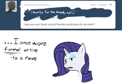 Size: 694x473 | Tagged: safe, artist:bambooharvester, rarity, pony, unicorn, ask, rarity replies, solo, tumblr