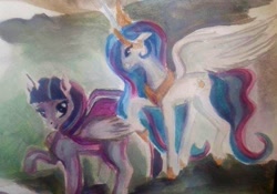 Size: 615x431 | Tagged: safe, artist:yurigirl4eva, princess celestia, twilight sparkle, twilight sparkle (alicorn), alicorn, pony, female, mare, traditional art