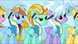 Size: 1024x576 | Tagged: safe, derpibooru import, screencap, cloudchaser, lightning dust, rainbow dash, pegasus, pony, wonderbolts academy, clothes, goggles, line-up, uniform, wonderbolt trainee uniform