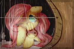 Size: 2160x1440 | Tagged: safe, artist:onion-eyed-goat, fluttershy, pegasus, pony, bust, female, hoof on cheek, looking out the window, mare, misted glass drawing, one eye closed, rain, solo, window