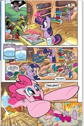 Size: 627x935 | Tagged: safe, artist:benbates, derpibooru import, idw, pinkie pie, spike, twilight sparkle, dragon, earth pony, pony, spoiler:comicm05, book, comic, idw advertisement, jurassic park, magic, preview, reading