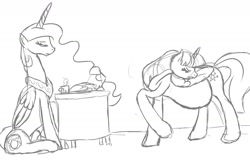Size: 1446x923 | Tagged: safe, artist:patch, princess celestia, twilight sparkle, twilight sparkle (alicorn), alicorn, pony, belly, disappointed, female, frown, looking back, looking down, mama twilight, mare, modular, monochrome, mouth hold, pregnant, raised hoof, sitting, sketch, wings