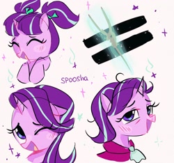 Size: 2048x1920 | Tagged: safe, artist:spoosha, starlight glimmer, pony, unicorn, age progression, blushing, clothes, equal cutie mark, female, filly, filly starlight glimmer, laughing, older, older starlight glimmer, one eye closed, pigtails, solo, staff, staff of sameness, wink, younger
