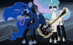 Size: 1280x800 | Tagged: safe, artist:arareroll, princess celestia, princess luna, alicorn, pony, badass, black metal, clothes, corpse paint, eyes closed, female, guitar, looking at you, magic, makeup, mare, metal, microphone, open mouth, singing, smiling, spikes, stockings, telekinesis, underhoof