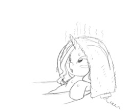 Size: 660x571 | Tagged: safe, artist:carnifex, rarity, pony, unicorn, bath, electric blanket, monochrome, sketch, solo