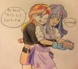 Size: 1024x904 | Tagged: safe, artist:fallenangel5414, sunset shimmer, twilight sparkle, human, alternate costumes, cooking, cute, female, food, horned humanization, hug, human coloration, humanized, lesbian, one eye closed, pie, shimmerbetes, shipping, simple background, sunsetsparkle, traditional art, twiabetes