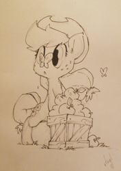 Size: 708x1000 | Tagged: safe, artist:atryl, applejack, butterfly, earth pony, pony, apple, bipedal, bipedal leaning, cute, monochrome, sketch, solo, traditional art