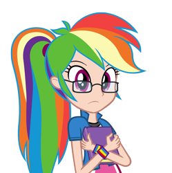 Size: 1308x1313 | Tagged: safe, artist:zacatron94, derpibooru import, edit, editor:michaelsety, rainbow dash, human, equestria girls, adorkable, book, cute, dashabetes, dork, egghead, egghead dash, glasses, holding, human coloration, looking at you, nerd, ponytail, simple background, solo, transparent background