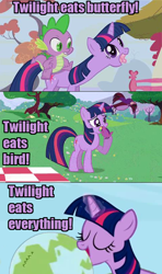 Size: 480x810 | Tagged: safe, artist:iamnotanumber34665, derpibooru import, spike, twilight sparkle, bird, butterfly, dragon, earth, eating, image macro, omnivore twilight, planet