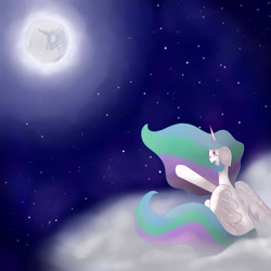 Size: 1024x1024 | Tagged: safe, artist:foreverago2015, princess celestia, alicorn, pony, cloud, crying, lullaby for a princess, mare in the moon, moon, solo, stars