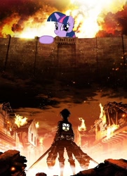 Size: 524x724 | Tagged: safe, derpibooru import, edit, twilight sparkle, 3d maneuver gear, attack on titan, eren jaeger, twiface, wrong neighborhood