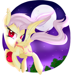 Size: 2497x2599 | Tagged: safe, artist:suzuii, fluttershy, bat, bat pony, pony, bats!, apple, flutterbat, flying, moon, night, race swap, solo