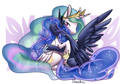 Size: 1000x666 | Tagged: safe, artist:moenkin, princess celestia, princess luna, alicorn, pony, crown, female, horn, hug, jewelry, mare, regalia, siblings, sisters