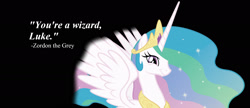 Size: 2160x933 | Tagged: safe, princess celestia, alicorn, pony, cowboy bebop at his computer, gandalf, gandalf the grey, harry potter, lord of the rings, luke skywalker, mighty morphin power rangers, power rangers, rubeus hagrid, smiling, solo, some men just want to watch the world burn, spread wings, star wars, troll quote, trollestia, twiface, zordon