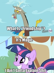 Size: 707x960 | Tagged: safe, derpibooru import, edit, edited screencap, screencap, discord, twilight sparkle, pony, keep calm and flutter on, the cutie mark chronicles, hub logo, image macro, it's magic, meme