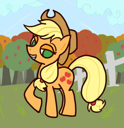 Size: 457x475 | Tagged: safe, artist:doubt, applejack, earth pony, pony, fence, orchard, pixiv, solo