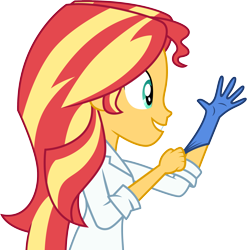 Size: 3001x3035 | Tagged: safe, artist:cloudyglow, sunset shimmer, equestria girls, friendship games, the science of magic, .ai available, bend over, clothes, gloves, lab coat, rubber gloves, simple background, smiling, solo, sunset the science gal, transparent background, vector