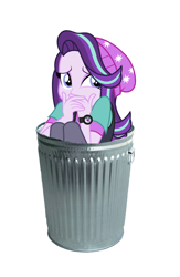 Size: 984x1508 | Tagged: safe, starlight glimmer, equestria girls, abuse, beanie, downvote bait, drama, drama bait, glimmerbuse, hat, sad, scaredy glimmer, simple background, starlight drama, trash can, white background